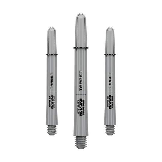 Násadky Target Star Wars ProGrip - šedé Das Bild zeigt ein Dart-Zubehör mit dem Dateinamen 380432_Target_StarWars_ProGrip_Shafts_Grau_Medium_48mm_1Set. Es handelt sich vermutlich um einen grauen Medium ProGrip Shaft von Star Wars mit 48mm Länge als Set.