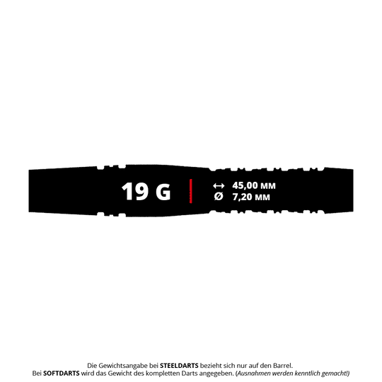 Abgebildet ist der Caliburn Prisma P1 Softdart mit einem Gewicht von 19g. Dieses Produkt ist ein Softdart-Pfeil in moderner Ausführung.