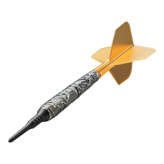Das Bild zeigt einen Softdart mit auffälligem, silberfarbenem Griff und goldener Flugfeder. Es handelt sich um das Produkt "Target Elysian 10 Limited Edition Softdarts - 20g".