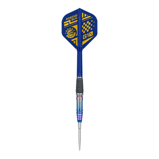 Šipky Target Japan Rising Sun GEN10 Swiss Point Steeldarts Dies ist ein Bild der Target Japan Rising Sun GEN10 Swiss Point Steeldarts. Drei silberne Darts mit blauen Highlights sind zu sehen.