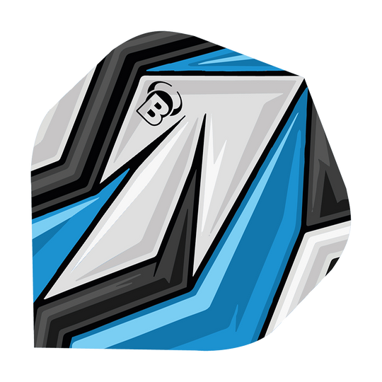 Das Bild zeigt das Produkt "Bulls B-Star Stone No2 Standard Flights". Das Flight-Design besteht aus dynamischen blauen, weißen und schwarzen grafischen Mustern.