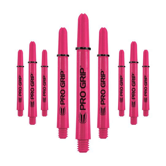 Target Pro Grip Shafts - 3 sady - Pink Auf dem Bild sind neun pinke Pro Grip Shafts zu sehen, die für Dartpfeile verwendet werden. Sie sind gleichmäßig angeordnet und tragen den Schriftzug "PRO GRIP" in schwarzer Farbe.