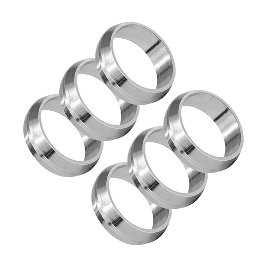 Das Bild zeigt sechs silberne Ringe des Produkts „Harrows Pyramid Shaftringe“. Die Ringe sind aus Metall und werden für Dartpfeile verwendet.