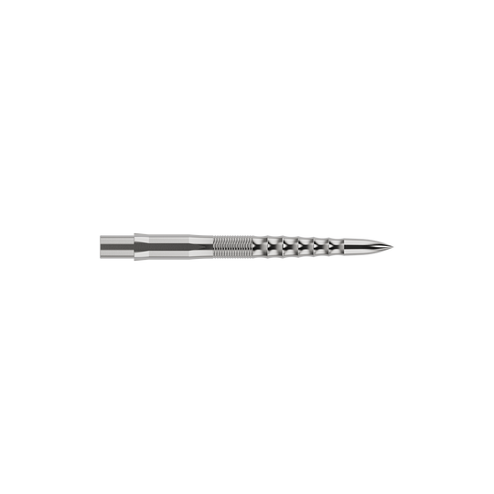 Auf dem Bild ist eine silberne Steeldartspitze mit feinen Rillen und einem speziellen Riffel-Design zu sehen. Sie ist lang und schmal und wirkt sehr präzise verarbeitet.