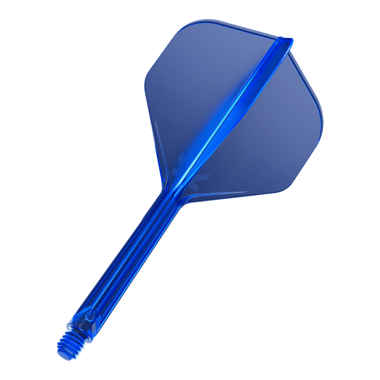 Standardní letový systém Target K-Flex No2 - modrý Das Bild zeigt einen blauen Dart-Flight mit integriertem Schaft. Der Flight ist durchsichtig und besitzt eine Standardform.