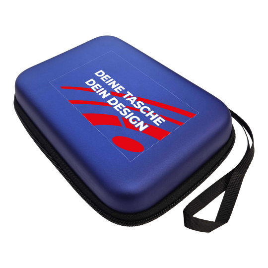 Pouzdro na šipky System-4 s vaším designem Das Bild zeigt ein McDart System4 Dartcase in Blau Metallic. Das Etui ist geschlossen dargestellt.