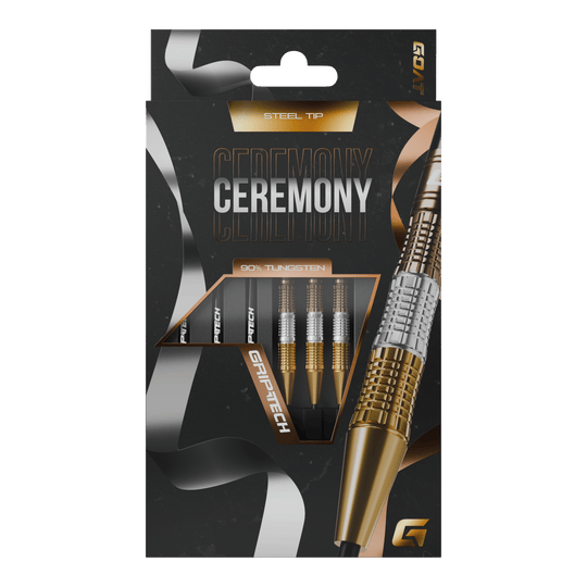 Šipky GOAT Ceremony z wolframové oceli Die Abbildung zeigt eine Packung „GOAT Ceremony Tungsten Steeldarts“. Die Verpackung hebt die Eigenschaften wie 90% Tungsten und Grip-Tech besonders hervor.