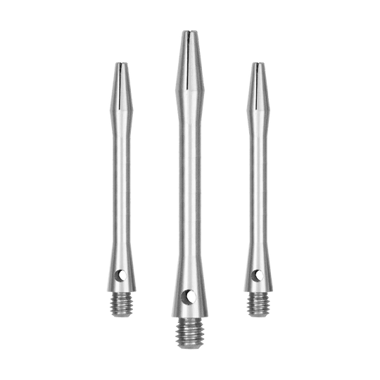 519_Aluminium_Shafts_Silber_46mm_1C5qgvX6TEysXX Das Bild zeigt drei silberne Aluminiumschäfte. Sie sind gerade und haben am unteren Ende ein Gewinde.