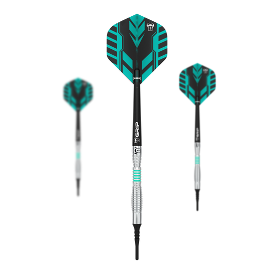 Das Bild zeigt drei Softdarts des Modells „Bulls Veco V3“. Die Darts haben schwarze und türkisfarbene Flights mit silbernen und schwarzen Schäften.