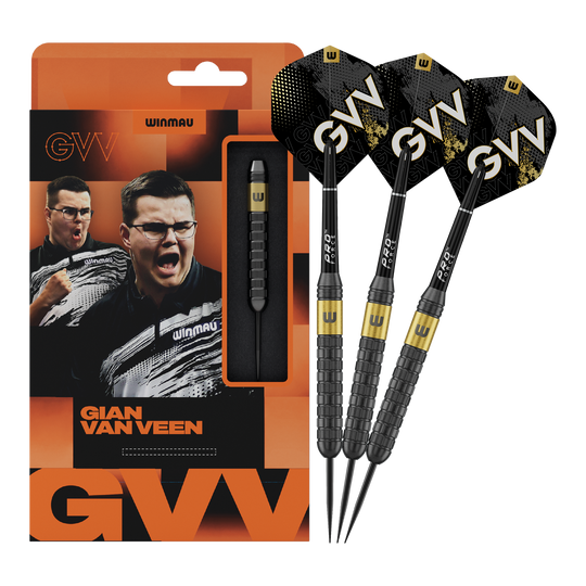 Winmau Gian Van Veen jádro mosazné Steeldarts - 21g Auf diesem Bild sieht man Winmau Gian Van Veen Core Brass Steeldarts mit 21 Gramm. Die Dartpfeile liegen nebeneinander und sind gut erkennbar.