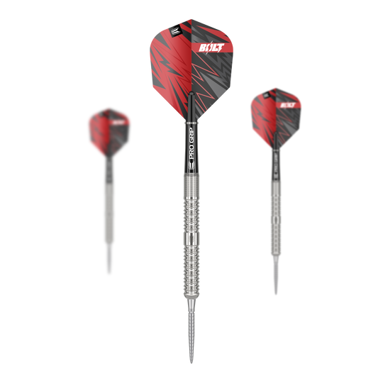 Šipky Target Sebastian Bialecki GEN1 Swiss Point Steeldarts - 22g Das Bild zeigt drei Steeldarts des Modells "Target Sebastian Bialecki GEN1 Swiss Point" mit einem Gewicht von 22g. Die Darts haben silberne Spitzen und Schäfte mit roten und schwarzen Flights.