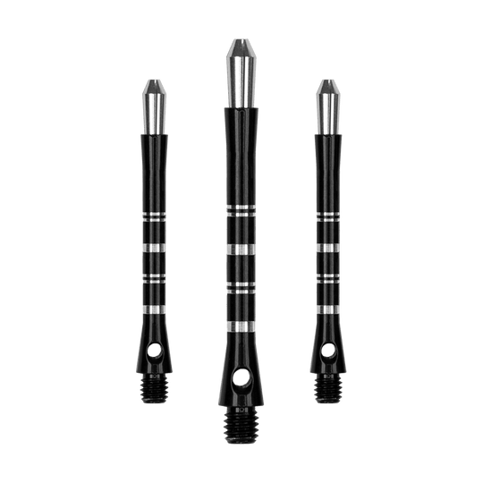 561_Target_Colette_Shafts_Schwarz_47mm_1 Das Bild zeigt drei schwarze Dartshafts der Marke Harrows Colette. Die Shafts haben silberne Akzente und ein schlankes, modernes Design.