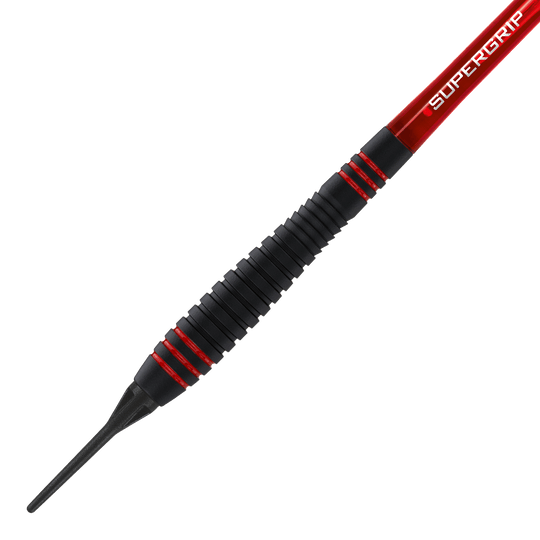 HA13722_Harrows_ACE_Rubber_Grip_Softdarts_2 Das Bild zeigt einen Harrows ACE Rubber Grip Softdart. Der Dartpfeil hat einen schwarzen, geriffelten Gummigriff mit roten Akzenten und einer Kunststoffspitze.