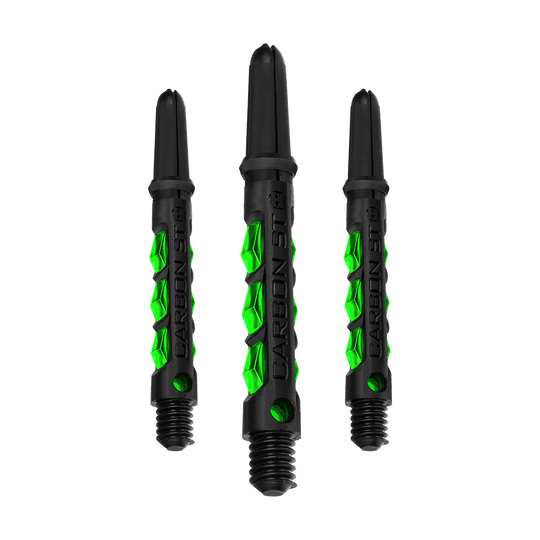 HR423_Harrows_Carbon_ST_Shafts_Gr-n_40mm_1dr8A9ag3UCSKA Harrows Carbon ST Shafts, einzeln dargestellt. Mattes Material und dezente Akzente sind sichtbar.
