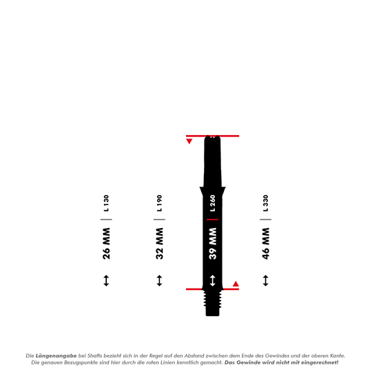 Tiché rovné hřídele ve stylu L, černé Das Bild zeigt verschiedene Längen von geraden Dartshafts, die in Millimetern angegeben sind. Die L-Shaft mit einer Länge von 39 mm ist in der Mitte hervorgehoben dargestellt.