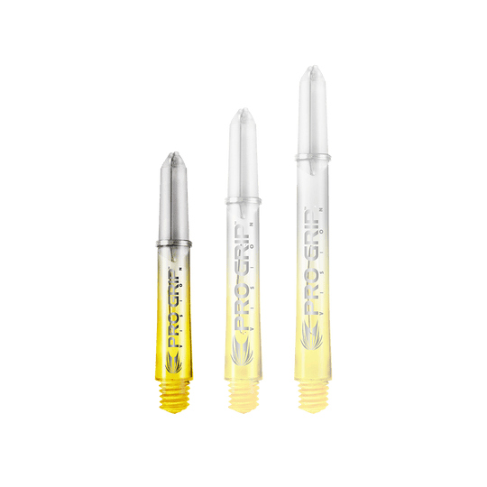 Násadky Target Pro Grip Vision - 3 sady - žluté Auf dem Bild sind drei durchsichtige Dartschäfte mit gelbem Ende abgebildet. Auf den Schäften steht "PRO GRIP VISION" und sie sind unterschiedlich lang.