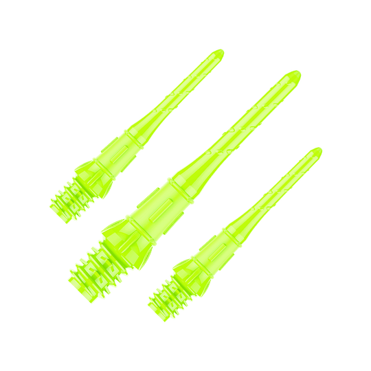 Auf dem Bild sind drei neon-gelbe Dartspitzen zu sehen. Sie liegen nebeneinander und sind aus Kunststoff gefertigt.