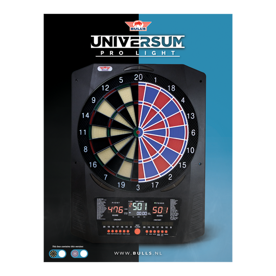 Elektronický terč Bulls NL Universum Pro Light - modročervený Hier sieht man das Bulls NL Universum Pro Light Elektronisches Dartboard in den Farben Blau und Rot. Dieses Dartboard bietet viele Spieloptionen.