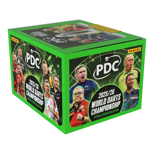 Panini PDC World Darts Championship 2025/26 - Krabička s 65 balíčky samolepek Auf dem Bild sieht man die Panini PDC World Darts Championship 2025/26 Stickerbox mit 65 Tüten. Die Box ist speziell für Sammler und Fans der Darts-Weltmeisterschaft.