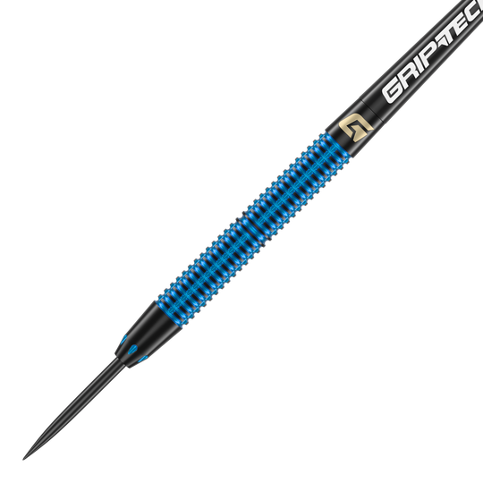 Steeldarts GOAT Athlete modré mosazné - 12g Das Bild zeigt einen GOAT Athlete Blue Brass Steeldart mit einem Gewicht von 12g. Der Dart hat eine blaue geriffelte Oberfläche und eine schwarze Spitze.