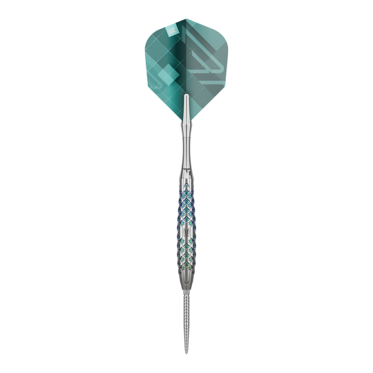 Ocelové šipky Target Rove 02 Swiss Point Das Bild zeigt einen Target Rove 02 Swiss Point Steeldart. Der Dartpfeil hat ein silbernes, strukturiertes Barrel und eine grün-blaue Flight.