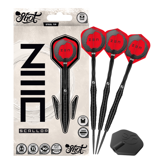 Steeldarts Shot ZEN Scallop Turbo Point - 23g Das Foto präsentiert die Shot ZEN Scallop Turbo Point Steeldarts - 23g in Gesamtansicht. Sie verbinden modernes Design mit hoher Treffsicherheit.