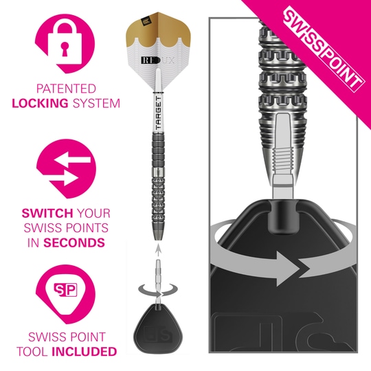 Diese Abbildung zeigt die Target Redux 01 Swiss Point Steeldarts. Es handelt sich um hochwertige Steeldarts für Dartspieler.