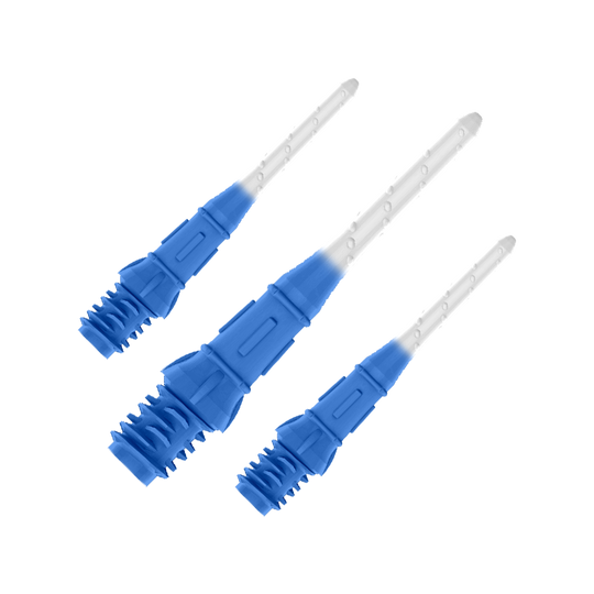 Dvoubarevné rtěnky L-Style Premium (balení 30 kusů) Das Bild zeigt drei blaue und weiße Dartspitzen, die nebeneinander liegen. Die Spitzen haben ein zweifarbiges Design mit dunklem Blau am unteren Teil und Weiß am oberen Teil.