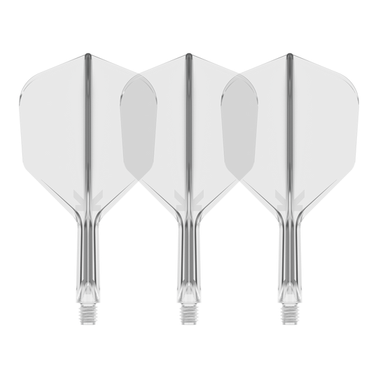 Letový systém Target K-Flex No6 - čirý Auf dem Bild sind drei durchsichtige Dartflights mit integriertem Schaft zu sehen. Sie stehen nebeneinander vor schwarzem Hintergrund.