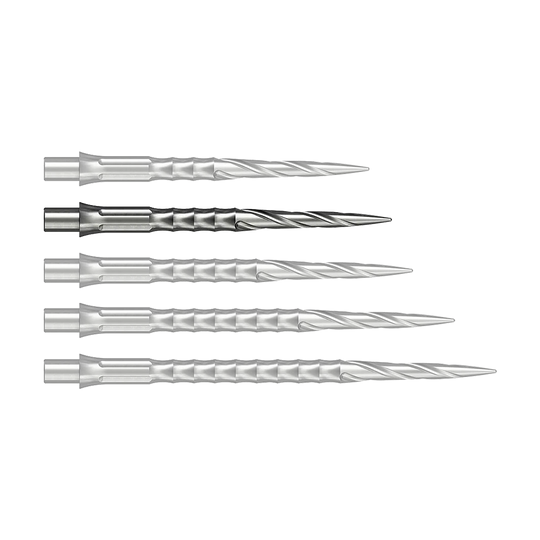 Vermutlich wird eine silberne Steeldartspitze mit 30 mm Länge abgebildet. Sie stammt aus dem Caliburn Evo System und ist vom Typ Spiro NoLip.