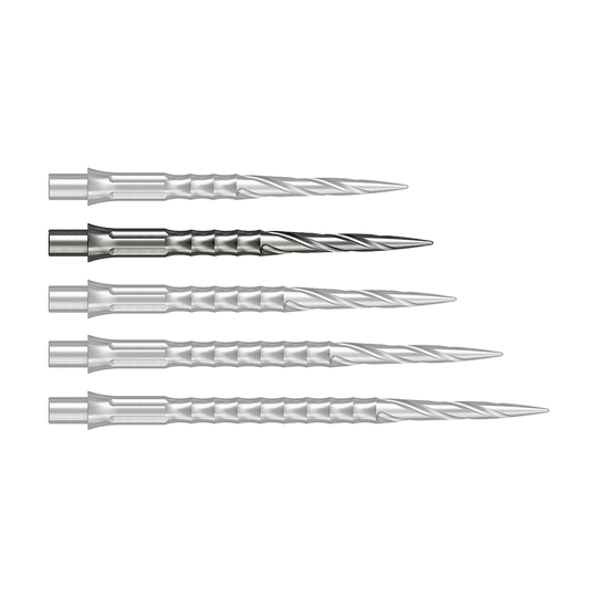 Ocelové hroty na šipky Caliburn System - Spiro - NoLip - stříbrné Vermutlich wird eine silberne Steeldartspitze mit 30 mm Länge abgebildet. Sie stammt aus dem Caliburn Evo System und ist vom Typ Spiro NoLip.