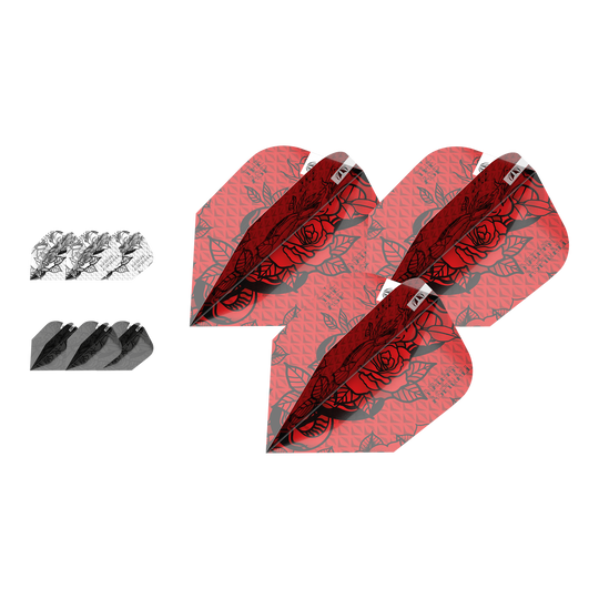 Target Ink Bundle 3 Sets Nathan Aspinall Ten-X Flights Das Bild zeigt drei Sets von Dart-Flights im Produkt "Target Ink Bundle 3 Sets Nathan Aspinall Ten-X Flights". Die Flights sind in den Farben Rot, Schwarz und Weiß mit einem Rosenmuster gestaltet.