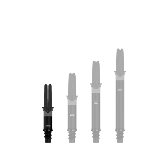 Tiché rovné hřídele ve stylu L, černé Zu sehen ist ein einzelner, schwarzer Dartshaft ohne Kappen in gerader Ausführung. Die Datei heißt L-Style_L-Shafts_Silent_Straight_Schwarz_OhneKappen_26mm_1.