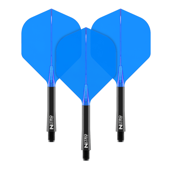 Red Dragon Nitroflite - Black Shaft Blue No. 2 Flights Das Bild zeigt drei blaue Dart Flights mit schwarzen Schäften. Auf den Schäften steht der Schriftzug "Nitro Flite".