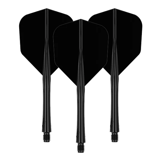 Systém letových šachet Caliburn SUP Lite No6 Das Bild zeigt drei schwarze Dart-Flights mit Schäften. Sie sind in einer aufrechten Position nebeneinander angeordnet.