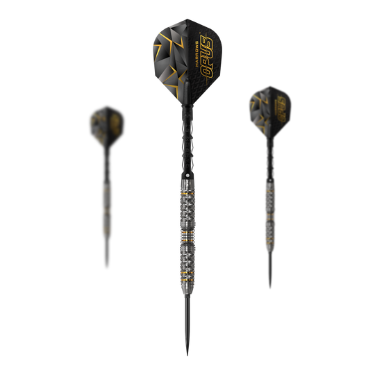 Ocelové šipky Harrow's Opus Quick Point Harrows Opus Quick Point Steeldarts - 23g. Auf dem Bild ist ein Set Steeldarts mit dem Namen Harrows Opus Quick Point zu sehen.