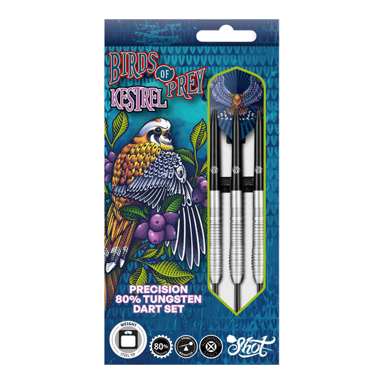 Ocelové šipky Shot Birds Of Prey Kestrel Das Bild zeigt die Verpackung der "Shot Birds Of Prey Kestrel Steeldarts". Auf der Verpackung ist ein bunter Vogel abgebildet, und die Darts bestehen aus 80% Tungsten.