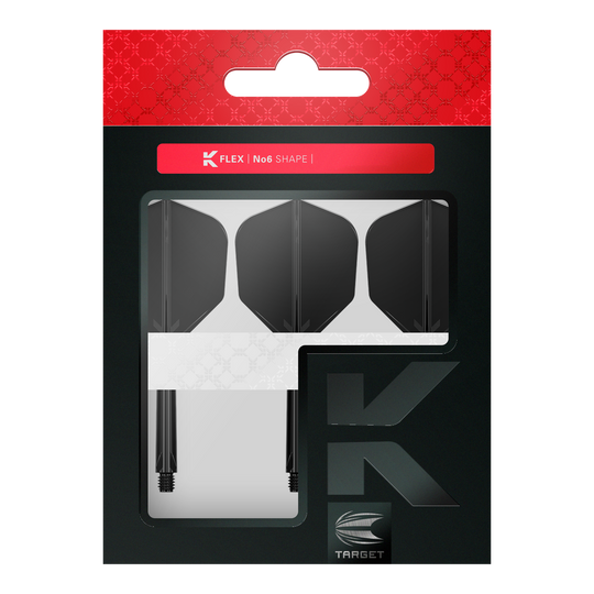 Letový systém Target K-Flex No6 - černý Das Bild zeigt eine Verpackung mit drei schwarzen Dartflights und Schäften. Die Marke „TARGET“ und die Produktbezeichnung „K FLEX No6 SHAPE“ sind auf der Packung zu sehen.