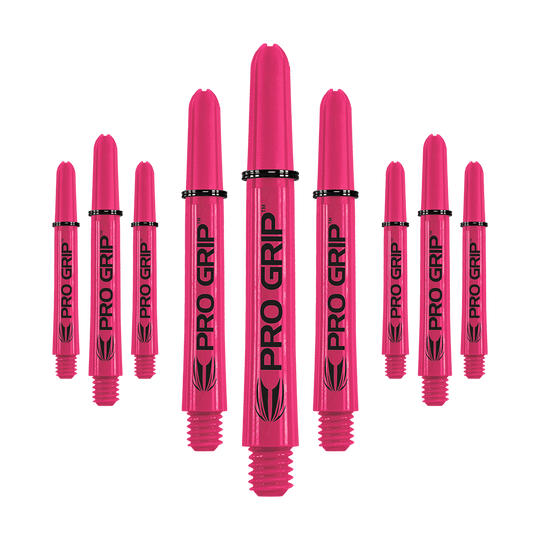 Target Pro Grip Shafts - 3 sady - Pink Das Bild zeigt neun pinke Dartshafts mit der Aufschrift "PRO GRIP". Die Shafts sind in drei Reihen angeordnet und heben sich deutlich vor dem weißen Hintergrund ab.