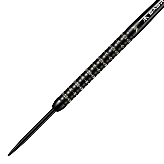 Šipky Mike De Decker MDD Black Gold Steeldarts Das Bild zeigt den Mission Mike De Decker MDD Black Gold Steeldart. Der Dartpfeil ist überwiegend schwarz mit goldenen Akzenten und hat ein strukturiertes Griffdesign.