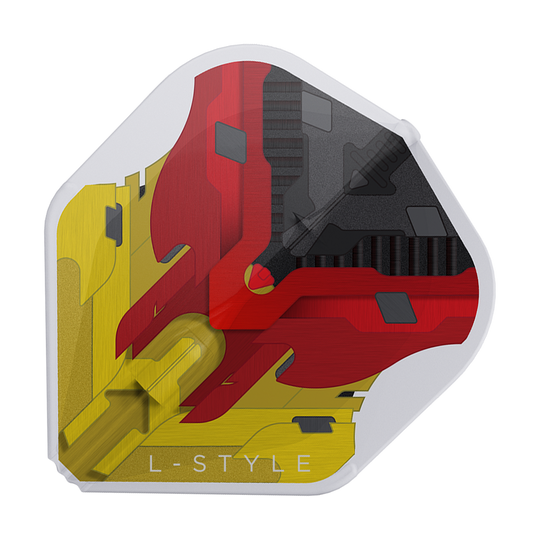 Dies ist ein L-Style V-Series V1 Type D Germany Clear White L1EZ Flight. Das Dart-Flight zeigt ein modernes Design in den Farben Schwarz, Rot und Gelb mit weißen Rändern.