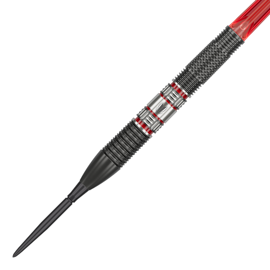 Šipky Target Gabriel Clemens 95K Swiss Point Steel Das Bild zeigt einen Target Gabriel Clemens 95K Swiss Point Steeldart. Der Dart hat ein modernes Design mit schwarzen, silbernen und roten Akzenten.