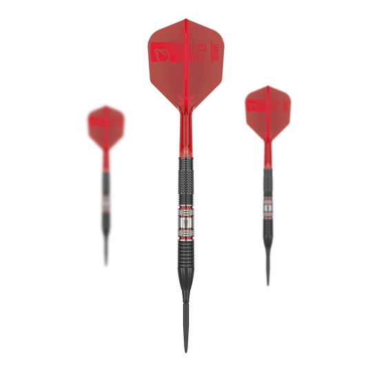 Šipky Target Gabriel Clemens 95K Swiss Point Steel Das Bild zeigt drei Steeldarts des Modells „Target Gabriel Clemens 95K Swiss Point“. Die Darts haben schwarze Spitzen, schwarze Griffbereiche und rote Flights.