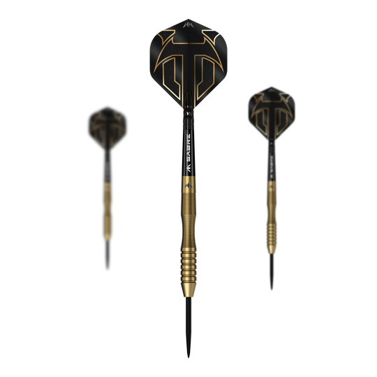 Šipky Mission Viktor Tingstrom Gold Steel - 22g Mission Viktor Tingstrom Gold Steeldarts - 22g als Set dargestellt. Das Foto zeigt das komplette Set der Steeldarts.
