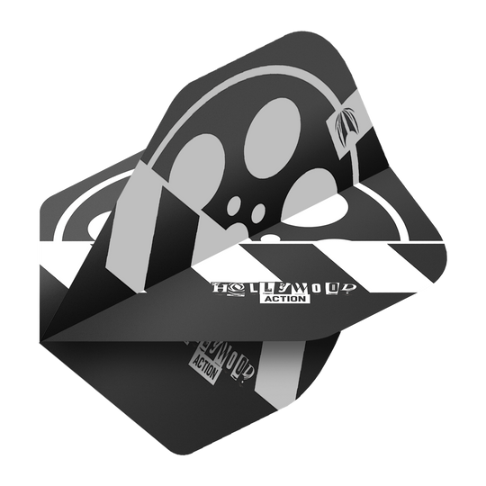 Target Pro Ultra Chris Dobey Hollywood Action No2 Standardní letky - 3 sady Das Bild zeigt die Target Pro Ultra Chris Dobey Hollywood Action No2 Standard Flights. Die Flights sind schwarz-weiß gestaltet und tragen den Schriftzug "HOLLYWOOD ACTION".