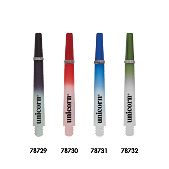 78730 Das Bild zeigt vier Unicorn Gripper III Two Tone Shafts in mittlerer Größe, jeweils in unterschiedlichen Farben: Schwarz, Rot, Blau und Grün. Unter jedem Shaft steht eine eigene Artikelnummer.