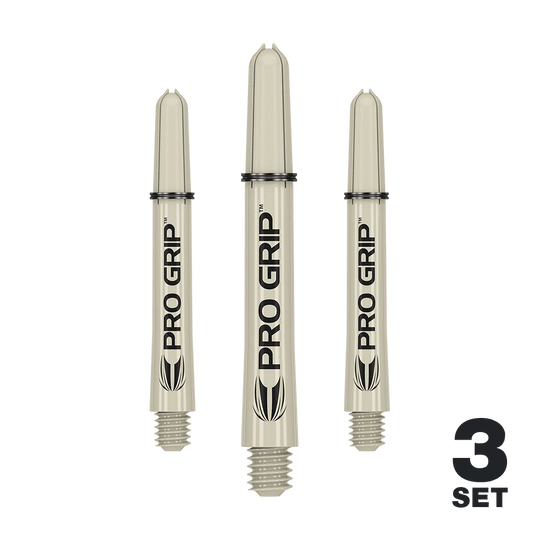 Target Pro Grip Shafts - 3 sady - Sand Das Bild zeigt drei beige Dartschäfte mit der Aufschrift "PRO GRIP". In der rechten unteren Ecke steht "3 SET".