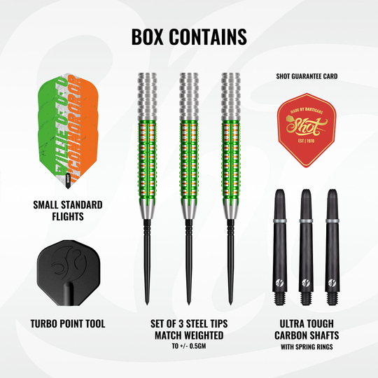 Shot Pro Series Willie O'Connor Turbo Point Steeldarts sind Dartpfeile mit auffallendem Griffmuster. Das Set liegt nebeneinander.