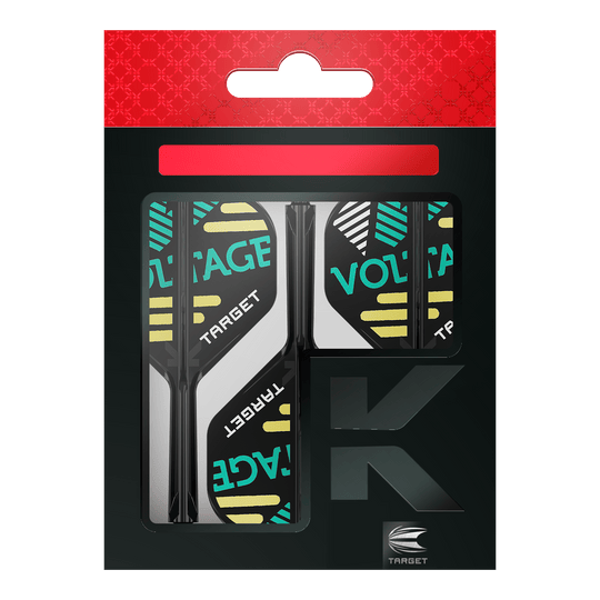 Systém standardní letové hřídele Target K-Flex Rob Cross No2 Das Bild zeigt eine Verpackung mit Dart-Zubehör der Marke Target. In der Packung sind drei schwarze Flights und Schäfte mit dem Aufdruck "VOLTAGE" zu sehen.