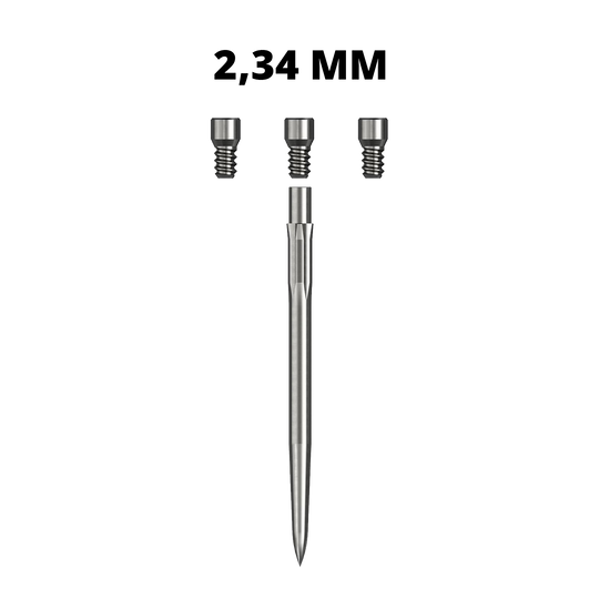 Ein silbernes Caliburn Evo System Steeldartspitze Spigot mit einer Länge von 23,4 mm ist abgebildet. Die Dartspitze liegt auf weißem Hintergrund.